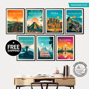 Siete Maravillas del Mundo Carteles de Viaje Impresión de Viaje Regalo de Viaje Galería Pared Arte de Pared Machu Picchu Roma Río de Janeiro Arte de Pared