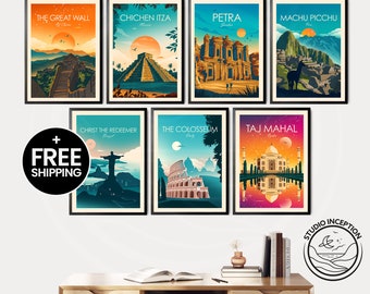 Seven Wonders of the World Travel Posters Travel Print Travel Gift Gallery Wall Wall Art Machu Picchu Rome Rio De Janeiro Wall Art