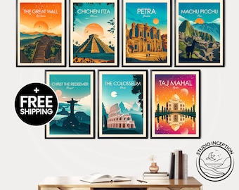 May include: Set of 7 vintage travel posters featuring iconic landmarks like the Great Wall of China, Chichen Itza, Petra, Machu Picchu, Christ the Redeemer, the Colosseum, and the Taj Mahal. The posters are in a traditional style with a colorful, retro aesthetic.