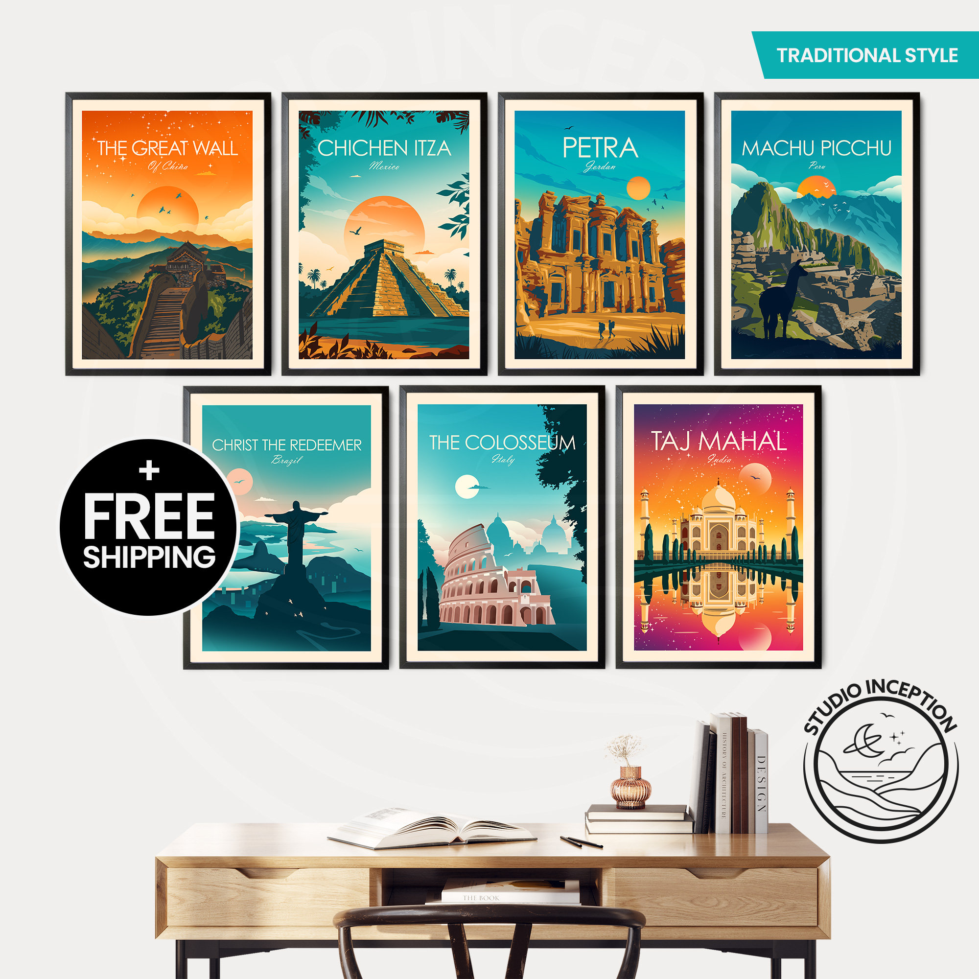 Seven Wonders of the World Travel Posters Travel Print Travel Gift