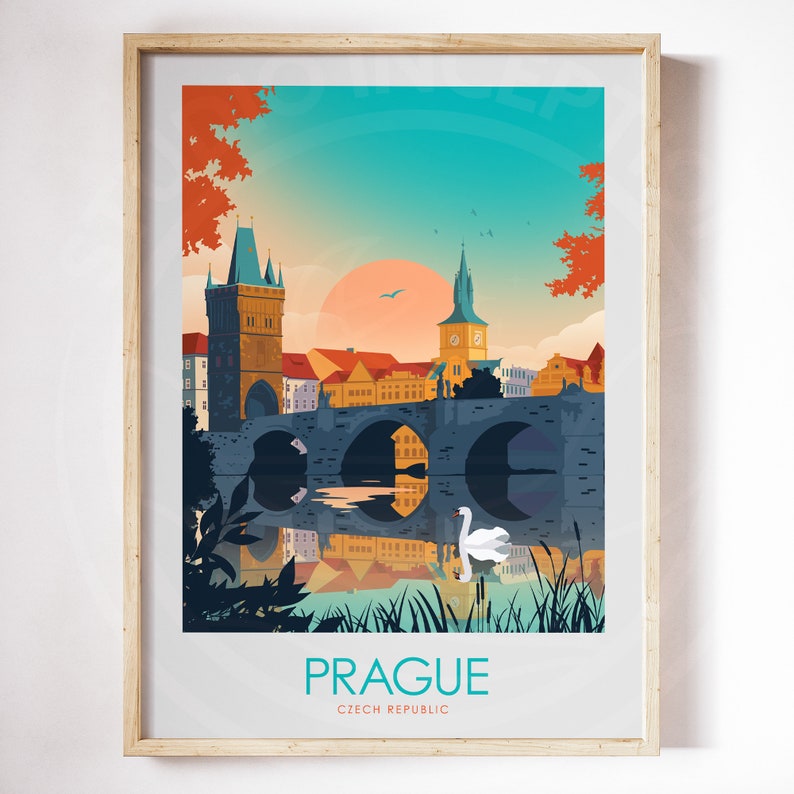 May include: A colorful illustration of Prague, Czech Republic, featuring a bridge with a swan swimming in the water below. The illustration is in a retro travel poster style with a sunset in the background.
