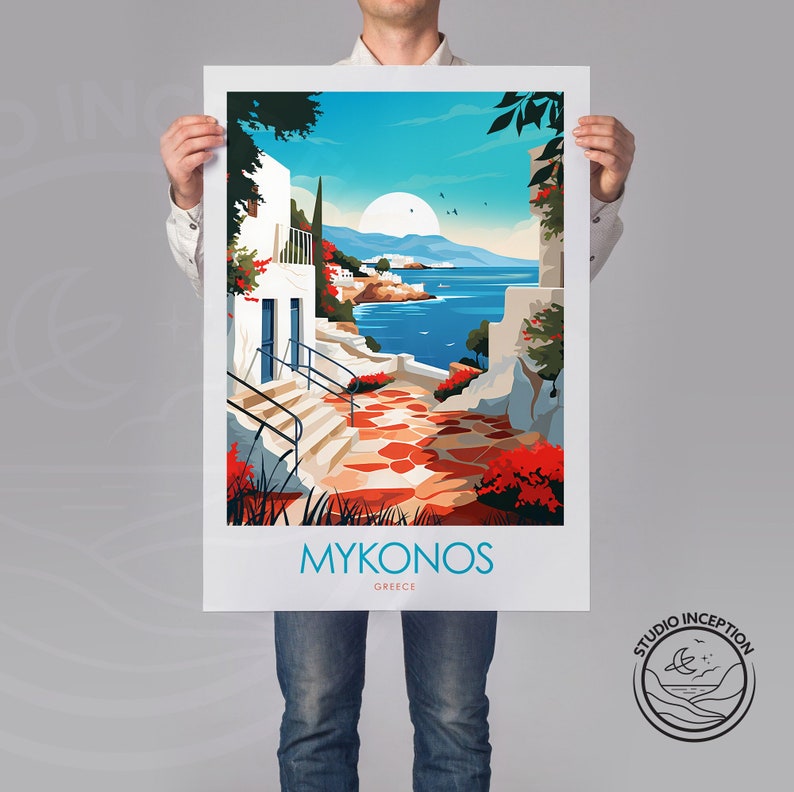 May include: A colorful illustration of a white building with a blue door and red flowers, overlooking a blue ocean with a small boat. The text "MYKONOS GREECE" is at the bottom of the image.