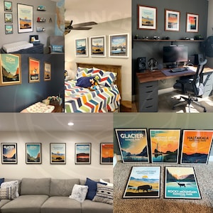 May include: A collection of framed prints featuring vintage-style illustrations of national parks. The prints are displayed in various rooms of a home, including a bedroom, living room, and home office. The prints feature names of national parks such as Yellowstone, Zion, Glacier, and Rocky Mountain.