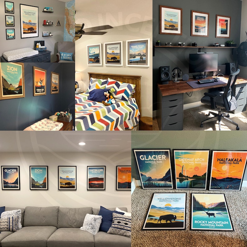 May include: A collection of framed prints featuring vintage-style illustrations of national parks. The prints are displayed in various rooms of a home, including a bedroom, living room, and home office. The prints feature names of national parks such as Yellowstone, Zion, Glacier, and Rocky Mountain.