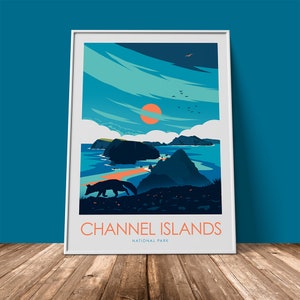 May include: A colourful illustration of a landscape with a red sun, blue sky, and a fox walking on a rocky shore. The text "CHANNEL ISLANDS NATIONAL PARK" is at the bottom of the image.