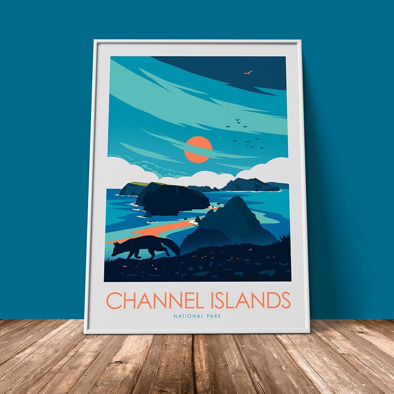 May include: A colourful illustration of a landscape with a red sun, blue sky, and a fox walking on a rocky shore. The text "CHANNEL ISLANDS NATIONAL PARK" is at the bottom of the image.