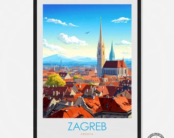 May include: A colorful illustration of the city of Zagreb, Croatia. The illustration features a view of the city's skyline, including the iconic Zagreb Cathedral. The text "Zagreb, Croatia" is displayed at the bottom of the illustration.