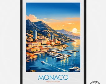 Monaco muurkunst print Monte Carlo reisposter, Monaco print, Franse Rivièra kustkunst, luxe jachthavenkunstwerk