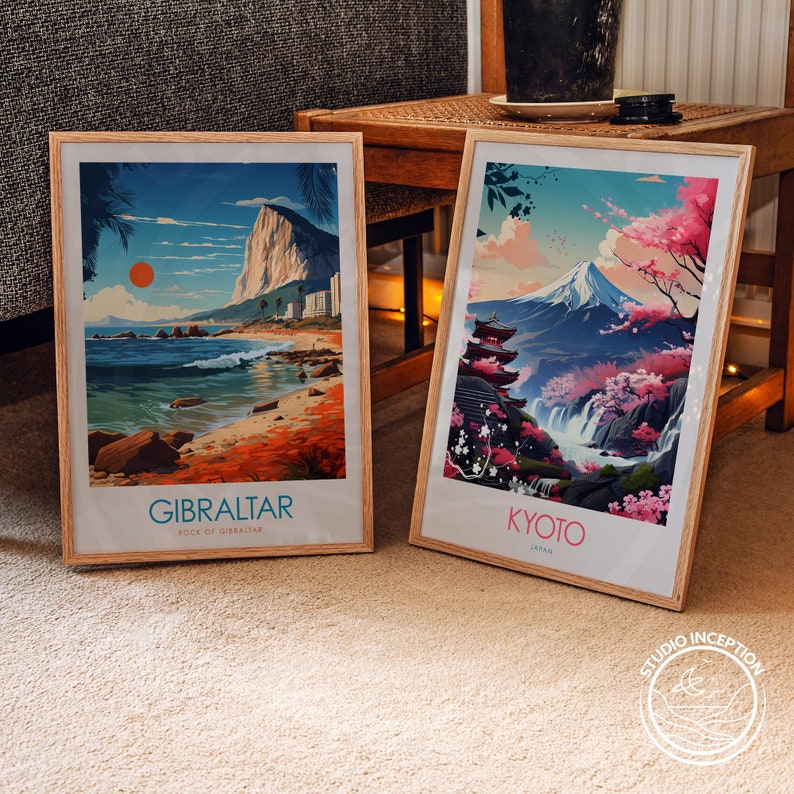 May include: Two framed prints, one with a colorful illustration of the Rock of Gibraltar and the text "Gibraltar, Rock of Gibraltar", and the other with a colorful illustration of Mount Fuji and a Japanese temple with the text "Kyoto, Japan".