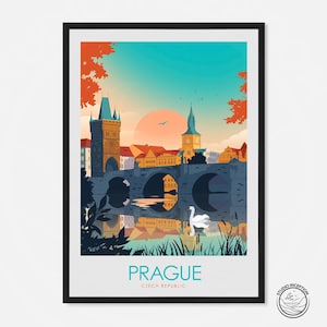 May include: A colorful illustration of Prague, Czech Republic, featuring a bridge with a swan swimming in the water below. The text "PRAGUE" and "CZECH REPUBLIC" is displayed at the bottom of the image.