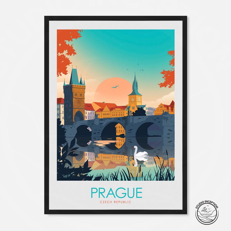 May include: A colorful illustration of Prague, Czech Republic, featuring a bridge with a swan swimming in the water below. The text "PRAGUE" and "CZECH REPUBLIC" is displayed at the bottom of the image.