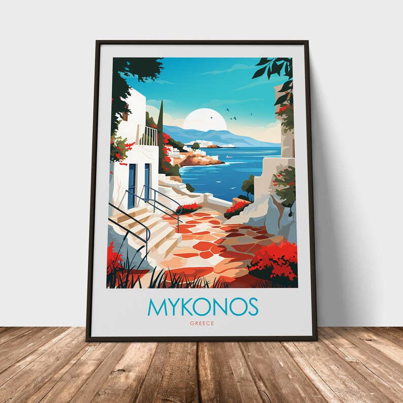 May include: A colorful illustration of a white building with a stone path leading to the ocean. The building has a blue door and red flowers. The text "MYKONOS GREECE" is at the bottom of the image.
