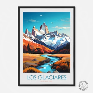 May include: A colourful illustration of a mountain range with a river flowing through the valley. The text "LOS GLACIARES NATIONAL PARK" is at the bottom of the image.