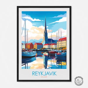 Stampa poster di Reykjavik, Islanda. Stampa di viaggio di Reykjavik. Arte murale dell'Islanda. Decorazione da parete per la casa. Regalo da viaggio.