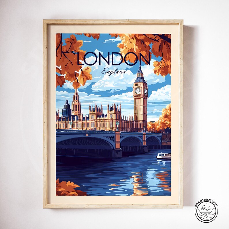 Puede incluir: Un cartel de viaje vintage con una ilustraci&oacute;n colorida del Big Ben y las Casas del Parlamento en Londres, Inglaterra. El cartel tiene un cielo azul con nubes blancas y un r&iacute;o en primer plano. El texto "LONDON England" est&aacute; en la parte superior del cartel.