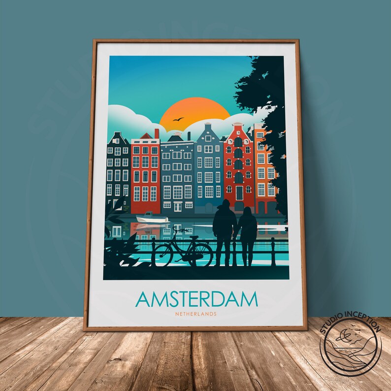 May include: A colorful illustration of Amsterdam, Netherlands, with a couple standing on a bridge overlooking a canal. The buildings are a mix of red, blue, and yellow, and the sky is a bright blue with a yellow sun. The text "AMSTERDAM" and "NETHERLANDS" is at the bottom of the image.