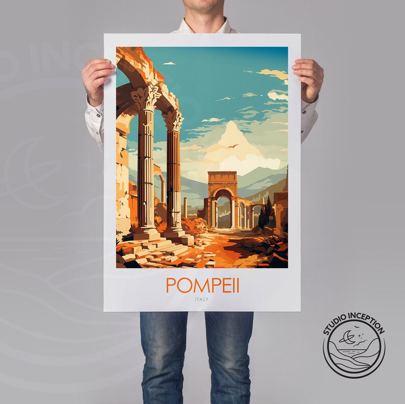 May include: A vintage travel poster featuring a colorful illustration of the ruins of Pompeii, Italy. The poster has a blue sky with white clouds and a red bird flying overhead. The text "POMPEII ITALY" is printed in orange at the bottom of the poster.