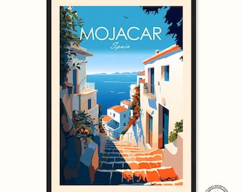 Puede incluir: Una impresión artística enmarcada que muestra una vista de Mojácar, España. La obra de arte representa una calle estrecha con edificios blancos, tejados de tejas rojas y una vista al mar. El cielo es azul y la impresión incluye el texto "Mojácar Spain."