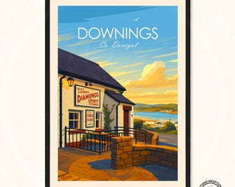 Downings Donegal reisposter – Ierland kunst aan de muur | Afbeelding van de Downings-balk | Donegal kustdecorcadeau