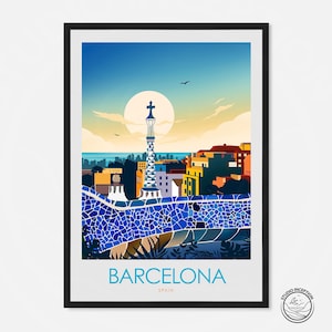 K&ouml;nnte beinhalten: Eine farbenfrohe Illustration der Skyline von Barcelona mit Blick auf den ber&uuml;hmten Park G&uuml;ell, mit einem Mosaik-Gehweg und einem hohen Turm mit einem Kreuz auf der Spitze. Der Text "BARCELONA SPANIEN" befindet sich am unteren Rand des Bildes.