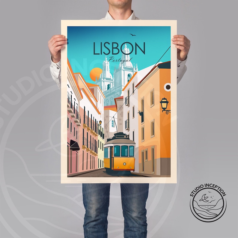 May include: A vintage travel poster featuring a yellow tram traveling down a narrow street in Lisbon, Portugal. The poster has a blue sky with a bright orange sun and the text "LISBON Portugal" at the top.