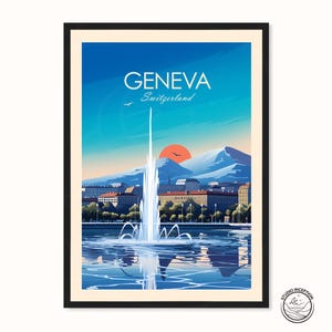 Impresión de Ginebra, póster de viaje de Suiza, decoración del hogar de Ginebra, arte de pared de Suiza para pared de galería, opciones de texto personalizadas disponibles