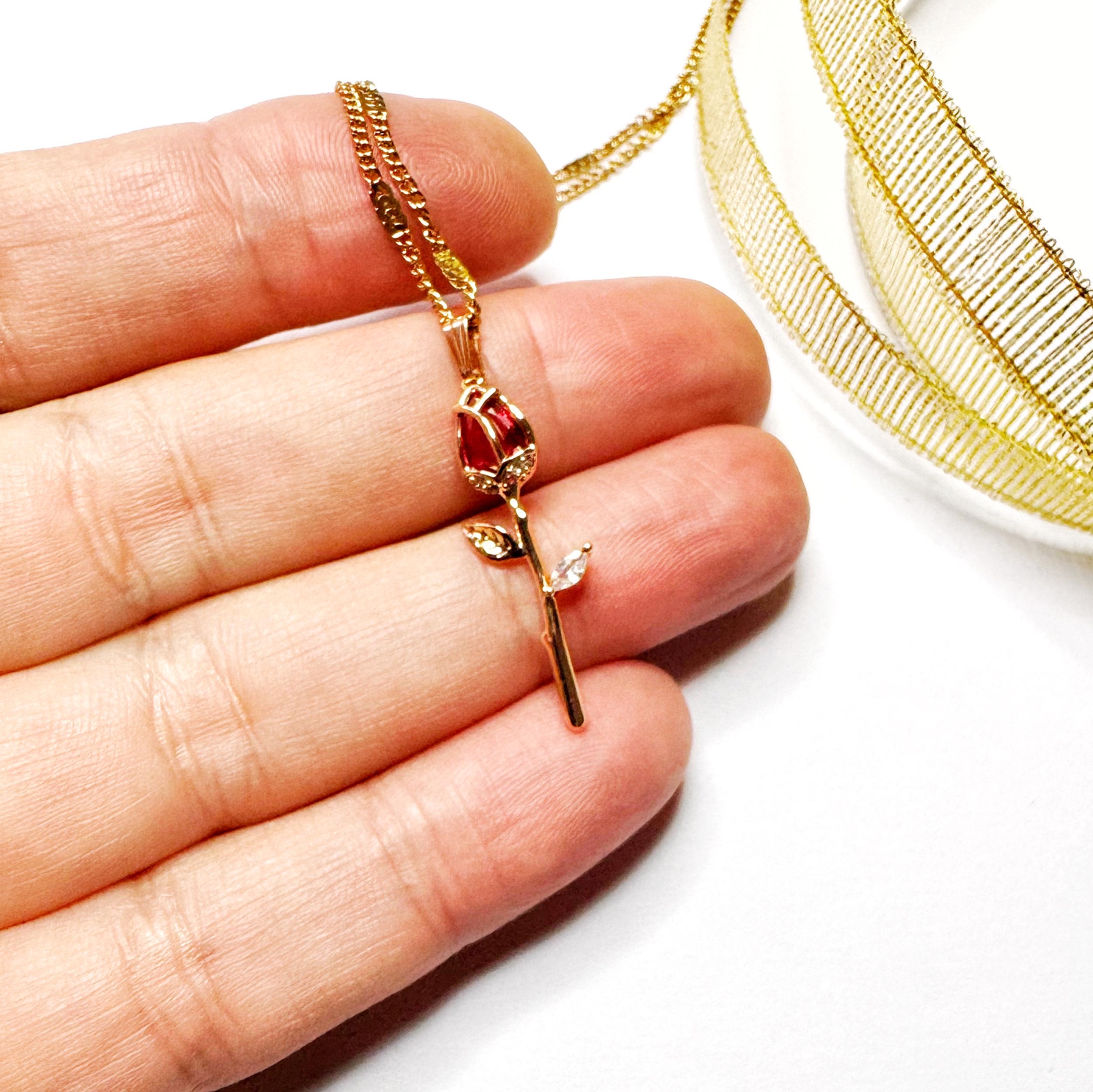 Collier Pendentif Coquelicot Et Coccinelle - 3 Zircons Verticaux - Plaqué Or Rose 18K