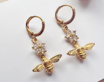 18K Gold Plated Daisy Flower and Bee Earrings | Real Gold Plated Brass and Cubic Zirconia Earrings