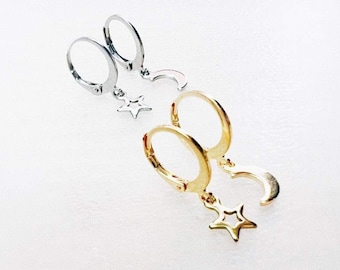 Stainless Steel Super Cute Dainty Moon and Star Asymmetric Huggies Earrings | 18K Gold or Platinum Brass Huggies Celestial Earrings