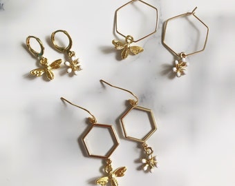 Daisy and Bee Gold Earrings | Bee Earrings | Flower Earrings | Hoop Earrings | Gift Idea | Mum Gift | Spring Earrings | Summer Earrings