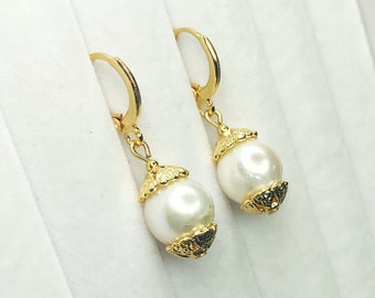 Large Pearl 14K Real Gold Plated Earrings * Large Pearl Earrings * Gold Pearl Earrings