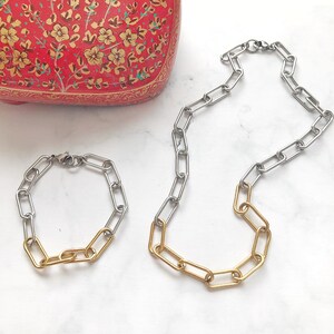 Pulsera de collar de cadena con clip de papel de dos tonos con apariencia urbana de acero inoxidable / Diseño de día y noche