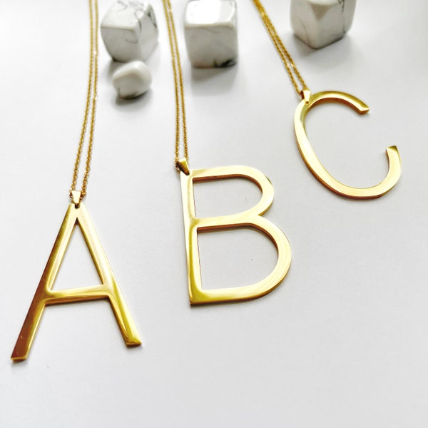 18K Gold Plated Stainless Steel Large Initial Necklace | Huge Stainless Steel Letter Necklace | Gold Initial Necklace