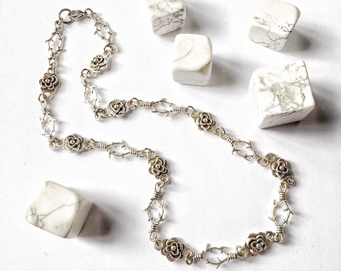 Gothic Rose & Barb Wire Necklace: Silver Tone Spiky Statement Jewelry