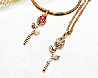 18K Real Gold Plated Brass and Cubic Zirconia Rose Stem Necklace | Gold Rose Necklace