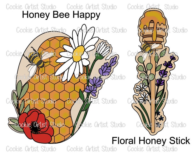 Cookie-A-Thon Spring 2024 "Honey Bee Happy" and "Floral Honey Stick" - 2 piece Cookie Cutter and Fondant Cutter Set