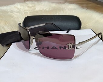 Chanel Diamanté CC Logos Lentes moradas Gafas de sol sin montura con brazos plateados.Auténtico.Vintage.Y2K