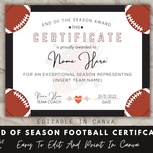 End of Season American Football Award Certificate, Canva Template, Editable Football Team Certificate Template, End of Season Recognition