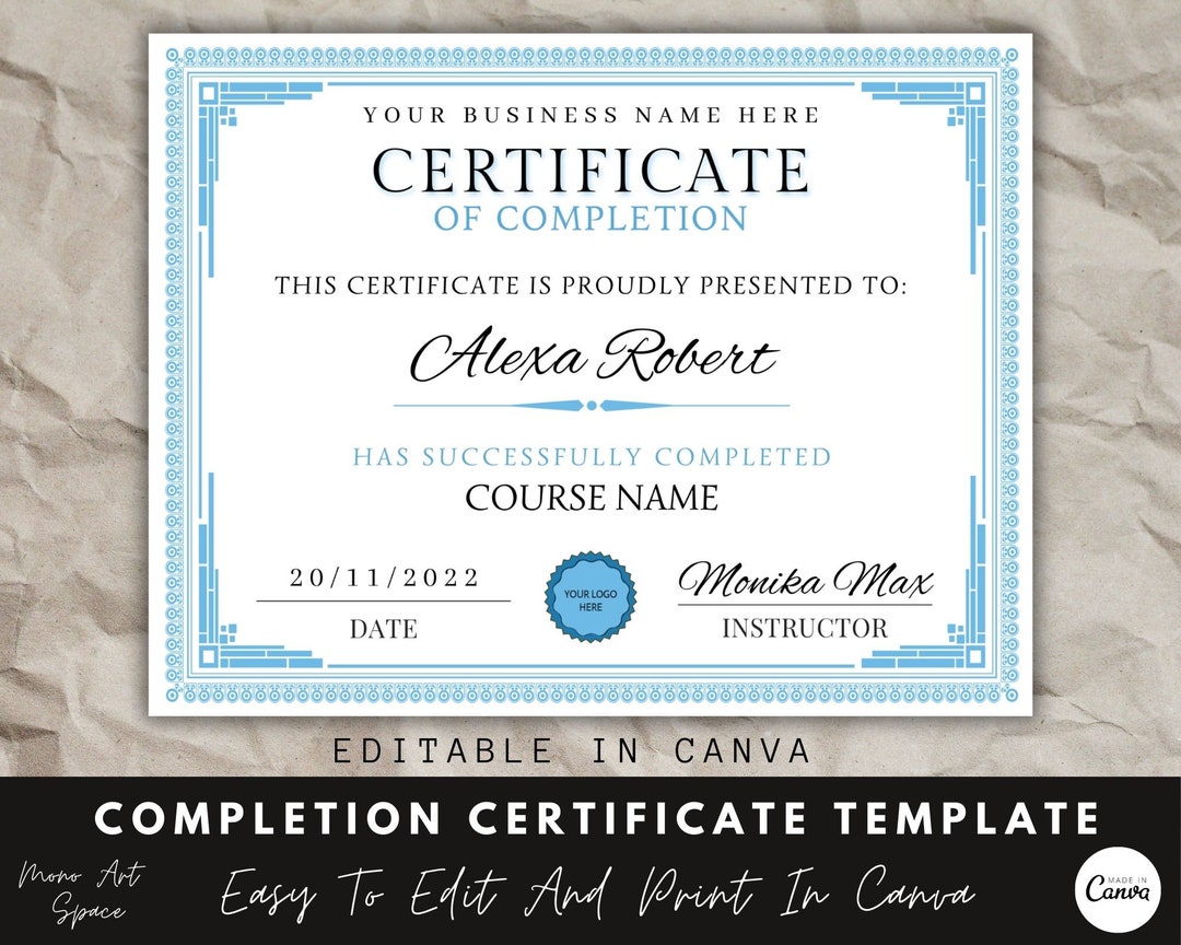 Editable Certificate Of Completion Canva Template Training Editable Certificate Of Completion Canva Template Training
