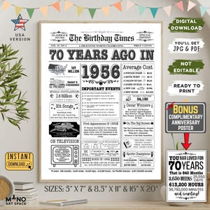 1956 Birthday Newspaper Poster, 70th Anniversary Gift (PDF JPG)