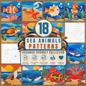 Op de afbeelding: Een digitale collectie van 18 zeedierenpatronen met kleurrijke illustraties van een anemoonvis, zeester, kogelvis, zeepaardje, schildpad, haai, zeehond, walvis, octopus en krab, inclusief lijntekeningen, bestandsformaten en teksten.