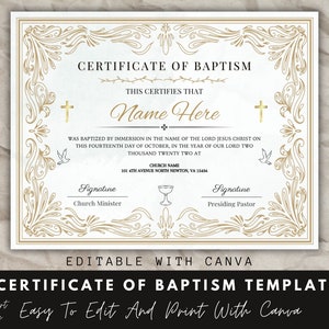 Certificado De Bautismo, Plantilla Canva, Certificado Editable, Certificado De Bautismo Editable, Certificado Canva, Certificado De Bautizo.