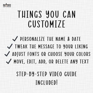 Pode incluir: Fundo branco com texto preto: "COISAS QUE VOC&Ecirc; PODE PERSONALIZAR". Op&ccedil;&otilde;es: personalizar nome e data, ajustar mensagem, ajustar fontes/cores e editar texto. Um guia de v&iacute;deo passo a passo est&aacute; inclu&iacute;do.