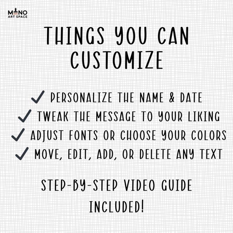 Pode incluir: Fundo branco com texto preto: "COISAS QUE VOC&Ecirc; PODE PERSONALIZAR". Op&ccedil;&otilde;es: personalizar nome e data, ajustar mensagem, ajustar fontes/cores e editar texto. Um guia de v&iacute;deo passo a passo est&aacute; inclu&iacute;do.