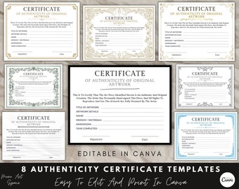 8 Certificates Of Authenticity For Artwork, Canva Template, Editable Certificate, Authenticity Templates, Instant Download.
