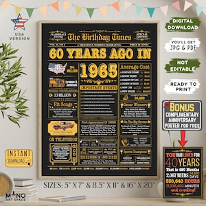 60th Birthday Newspaper Sign, 1965 Birthday Poster, Printable Party Decor, Milestone Gift for Him or Her, Bonus Anniversary Poster, Black.