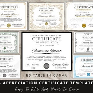 8 Editable Appreciation Certificates, Canva Template, Appreciation Award, Online Certificates, Printable Template, Instant Download.