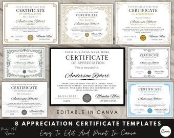 Editable Appreciation Certificate Template, Printable Award (Canva Template)