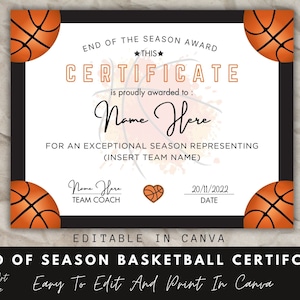 End of Season Basketball Award Certificate, Canva Template, Editable Basketball Team Certificate Template, End of Season Recognition.