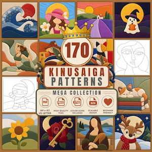 May include: A digital collection of 170 Kinusaiga patterns featuring diverse illustrations like a wave, a ghost, a sunflower, and a deer. The central text reads 170 KINUSAIGA PATTERNS MEGA COLLECTION with icons for PDF, PNG, JPG, and SVG file formats.